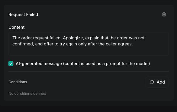 Vapi Dashboard Request Failed system message with recovery instructions
