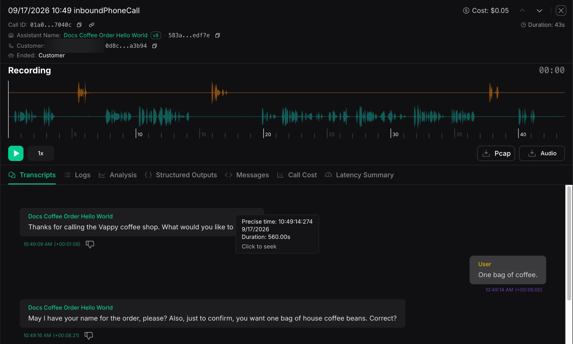 A single call's detail view showing the recording waveform and the Transcripts, Logs, Analysis, Structured Outputs, Messages, Call Cost, and Latency Summary tabs
