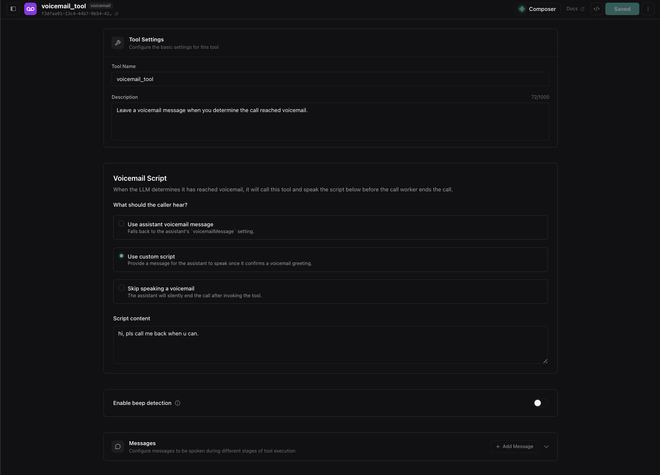 Voicemail tool configuration