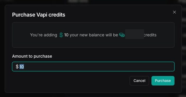 Purchase Vapi credits dialog with the amount to purchase field