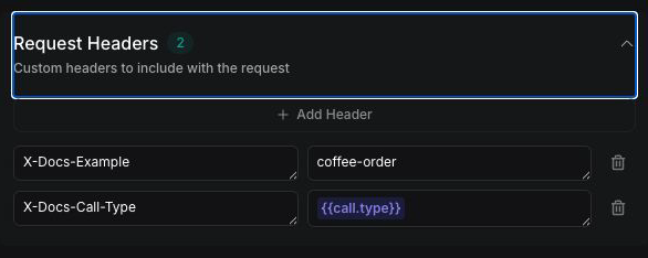 Vapi Dashboard Request Headers with X-Docs-Example and X-Docs-Call-Type