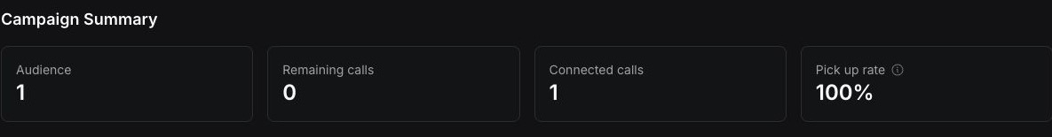 Completed campaign summary showing audience, remaining calls, connected calls, and pick up rate
