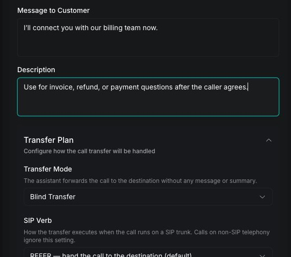 Vapi Dashboard destination description and Transfer Plan set to Blind Transfer