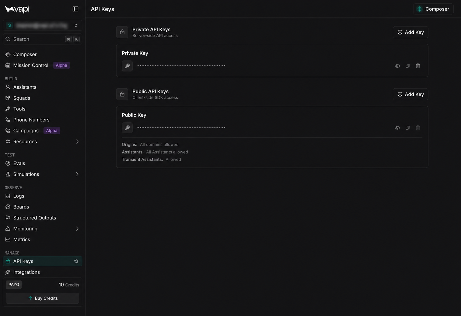 Complete Dashboard API Keys page with the expanded sidebar and private and public API key sections