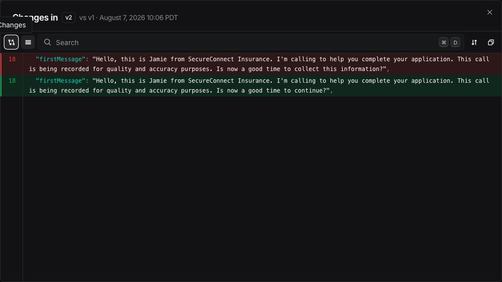 Changes in v2 compared with v1 showing the updated firstMessage value