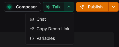 Assistant editor menu opened from the arrow next to Talk, with Chat as the first option