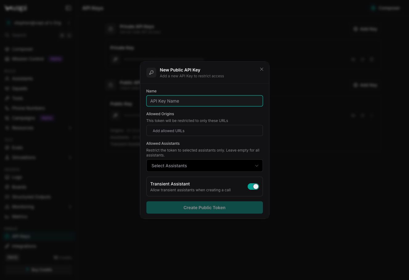 Complete New Public API Key form with the expanded Dashboard sidebar, name, allowed origins, allowed assistants, and transient assistant settings