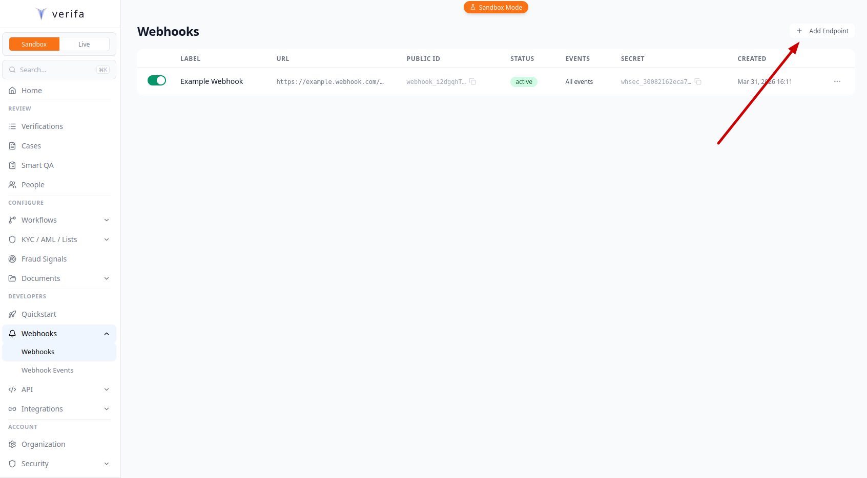 Webhook list with Add Endpoint button