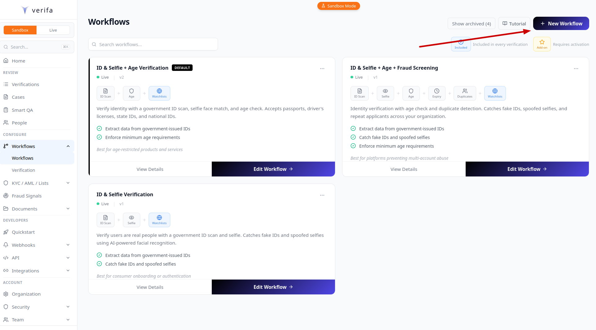 Workflow list with New Workflow button