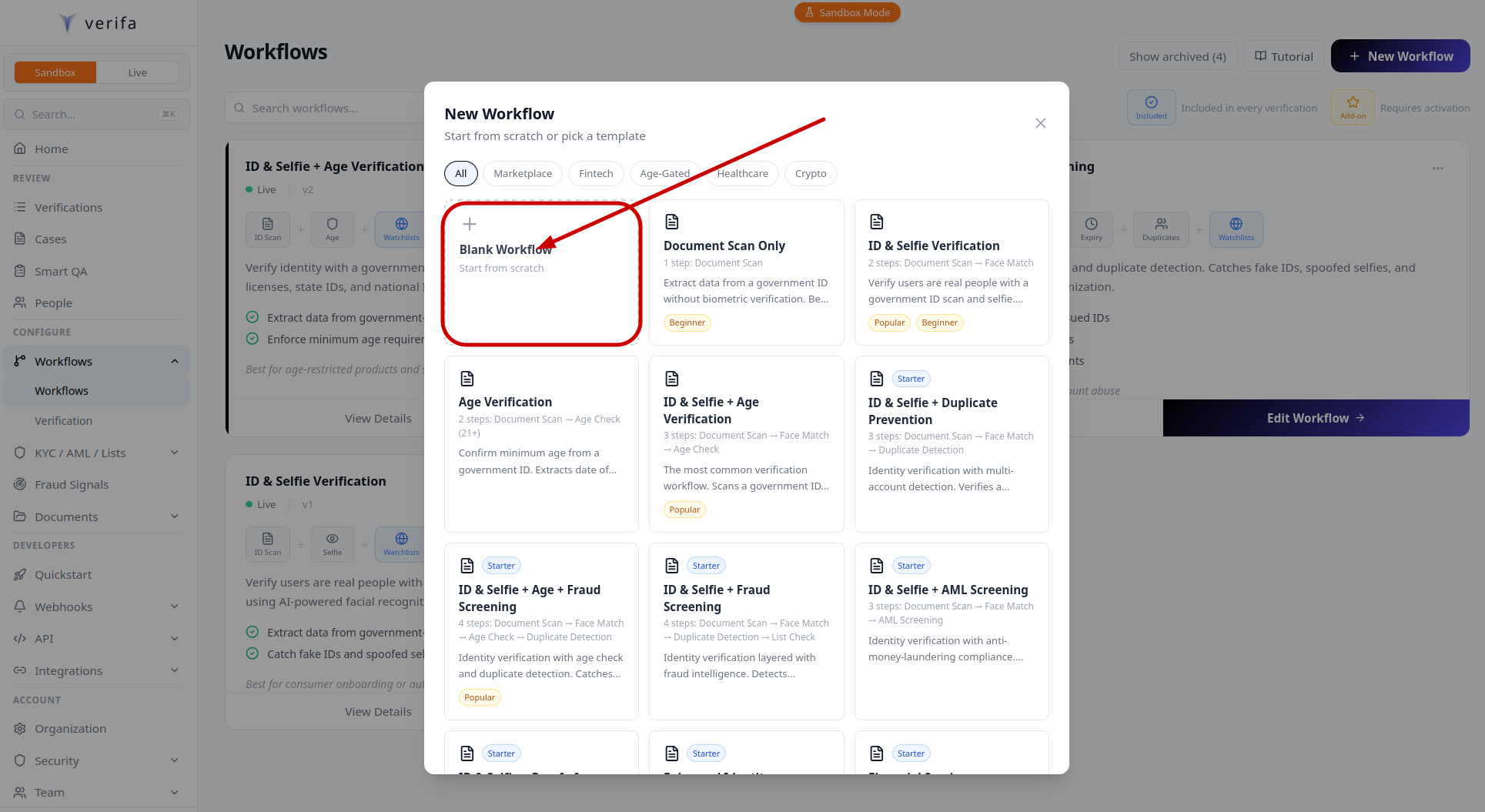 New Workflow modal showing template options
