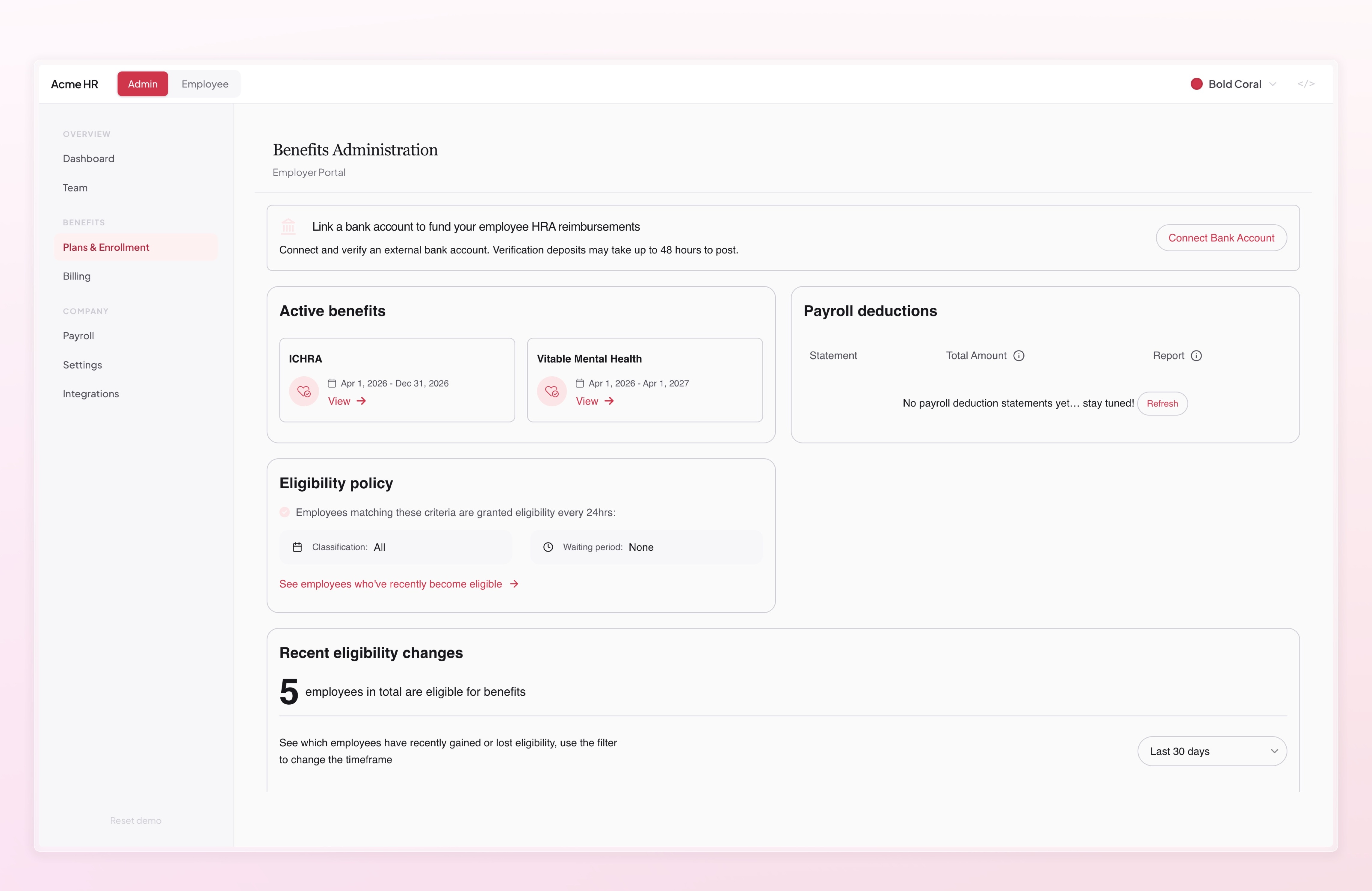 Employer benefits administration dashboard