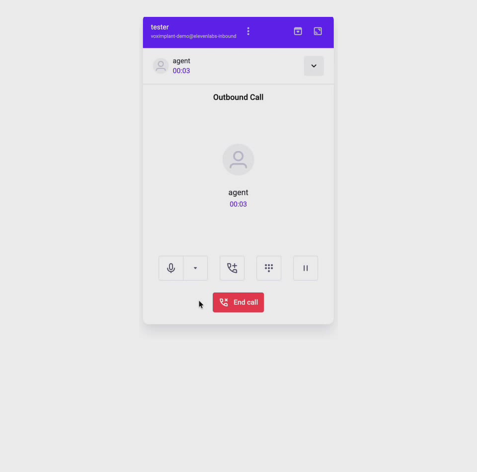 Active Voximplant browser call connected to the ElevenLabs agent