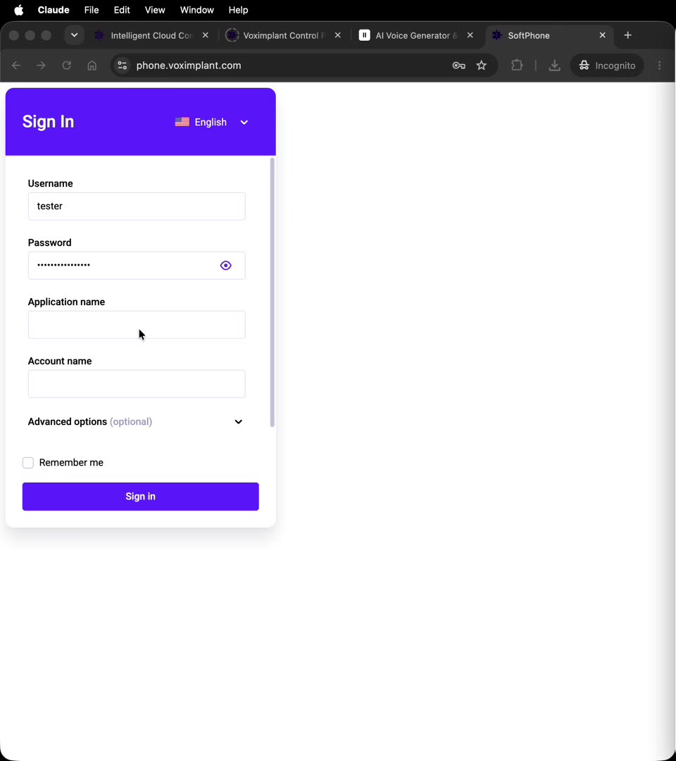 Voximplant browser phone sign-in form with username, password, application name, and account name fields