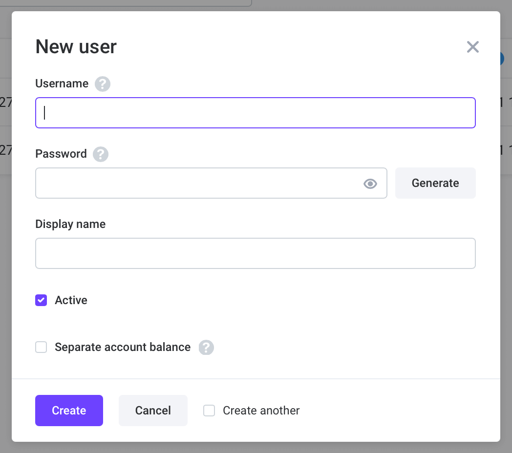 User editor with username and password
