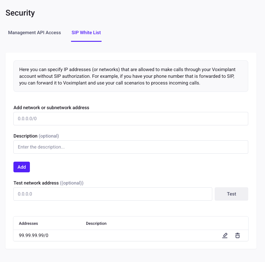 SIP White List in Security settings