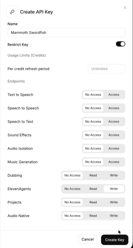 ElevenLabs Create API Key panel with Write access selected for ElevenAgents