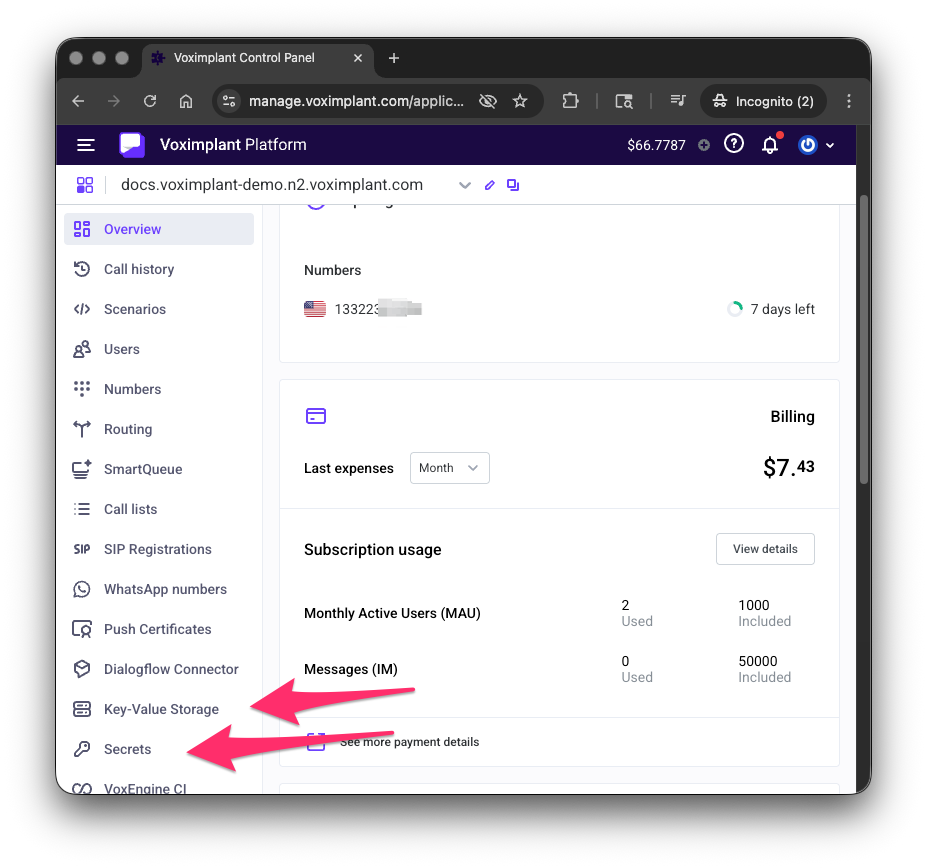 Application Storage and Secrets in manage.voximplant.com