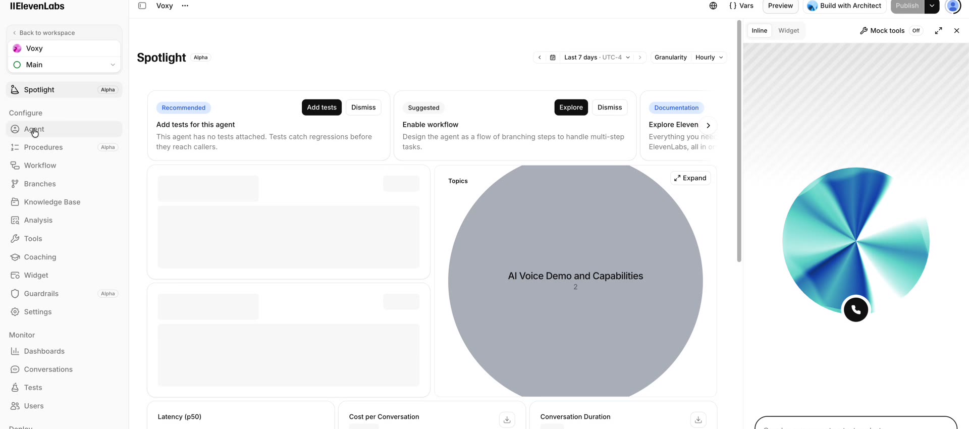 ElevenLabs Agents console with an existing voice agent selected
