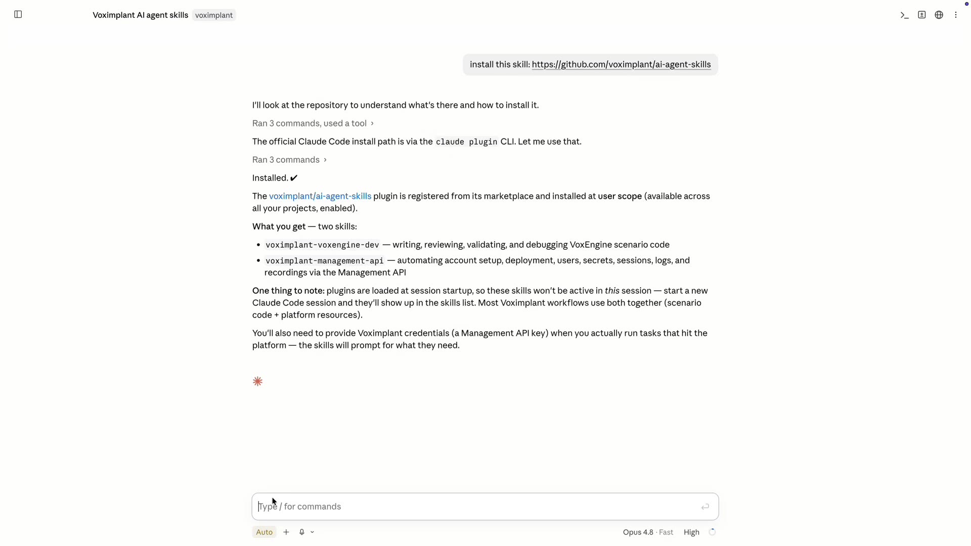 Claude Code confirming that the Voximplant plugin and its two skills are installed