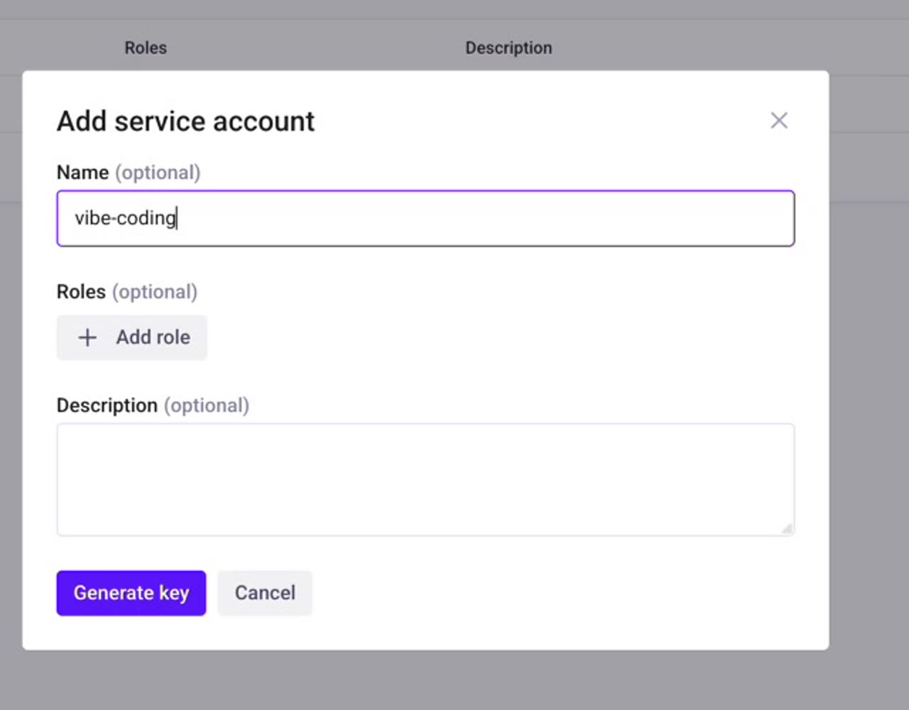 Voximplant Add service account dialog with a vibe-coding account name