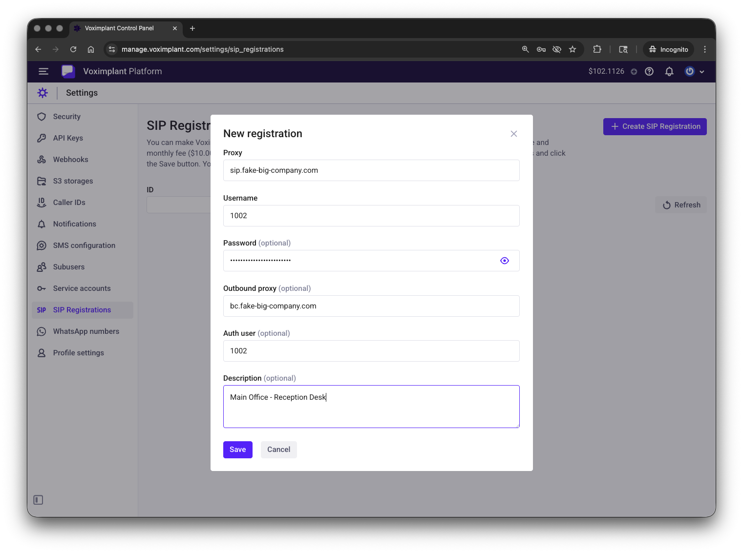 Add SIP registration in manage.voximplant.com