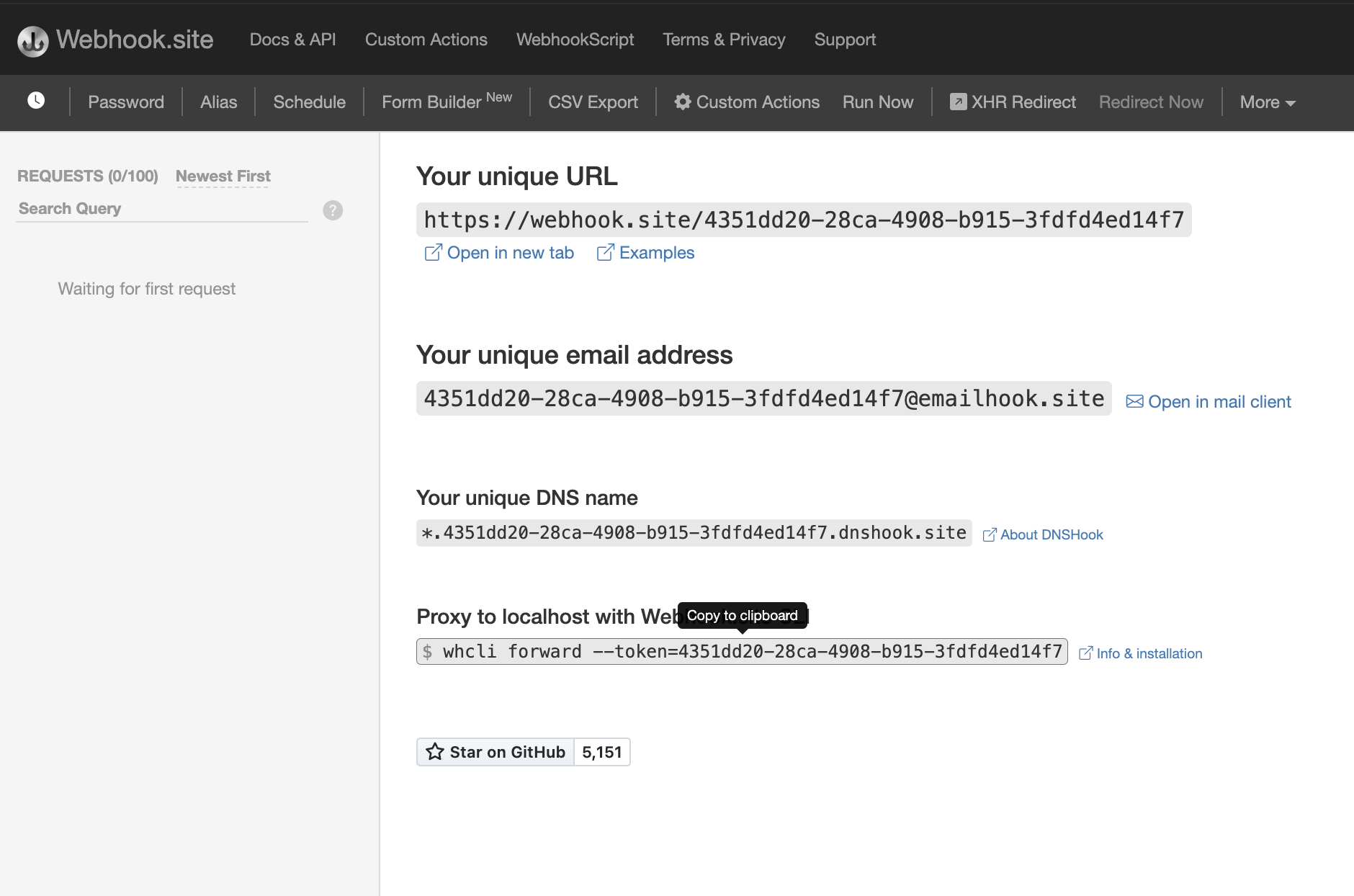 Screenshot showing webhook.site interface with unique URL