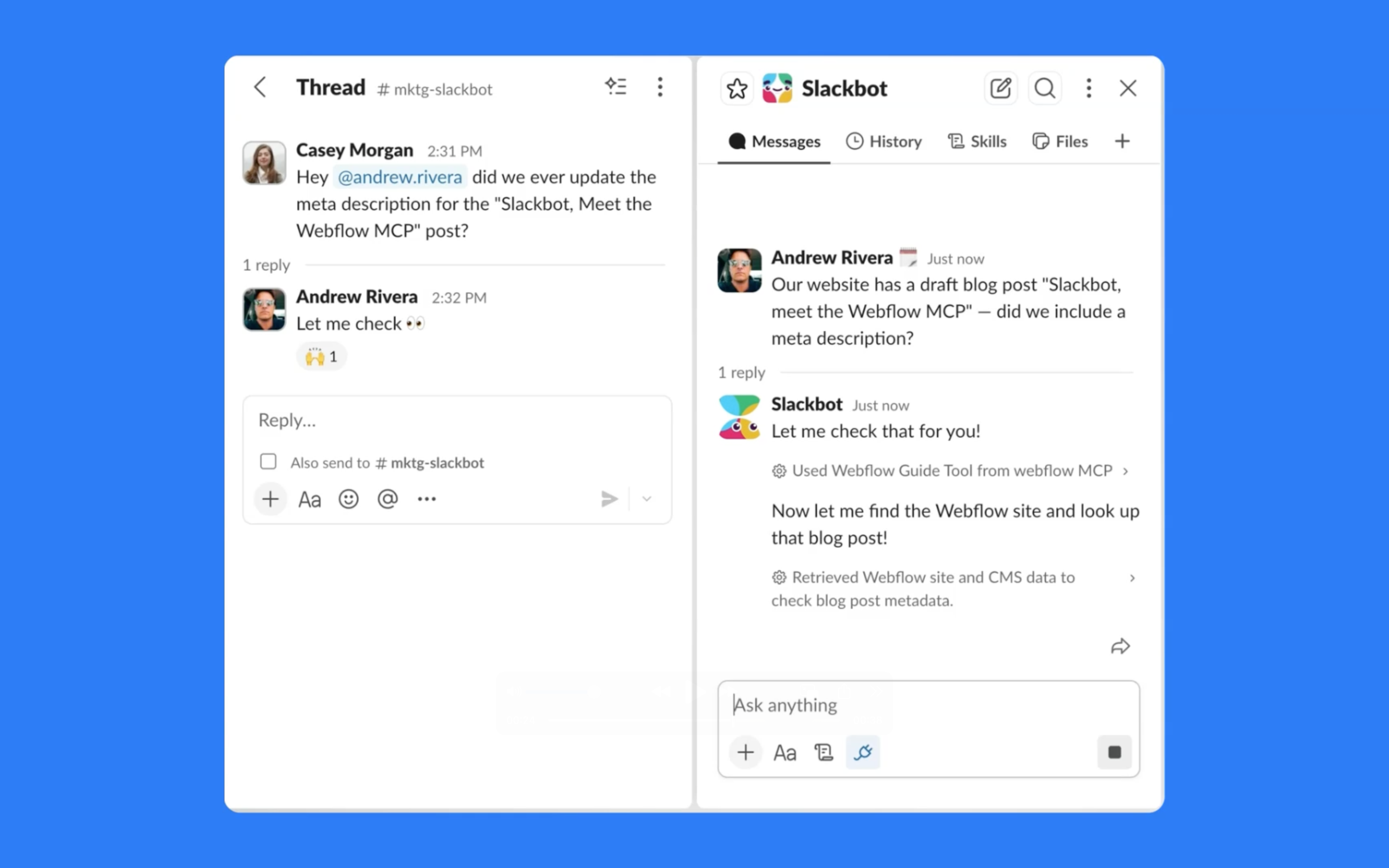 A Slack thread question answered by DMing Slackbot, which uses the Webflow Guide Tool and retrieves Webflow site and CMS data