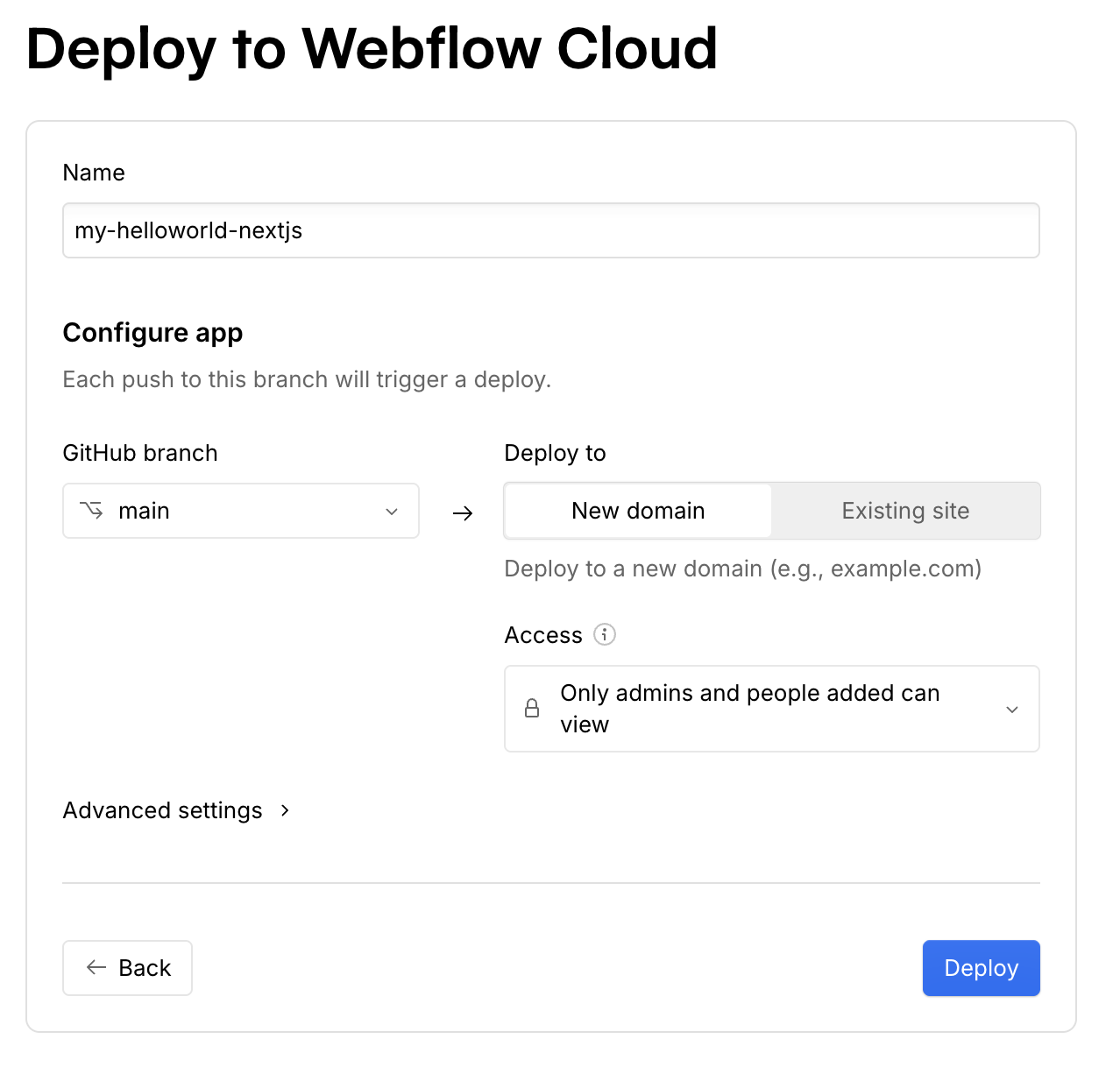 Selecting the branch to deploy