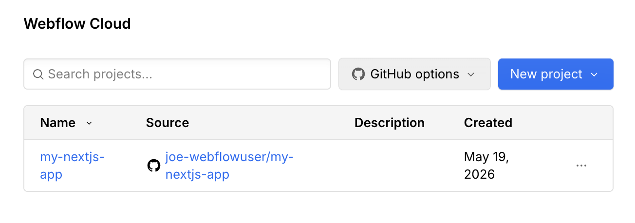 The new app in the site's Webflow Cloud settings