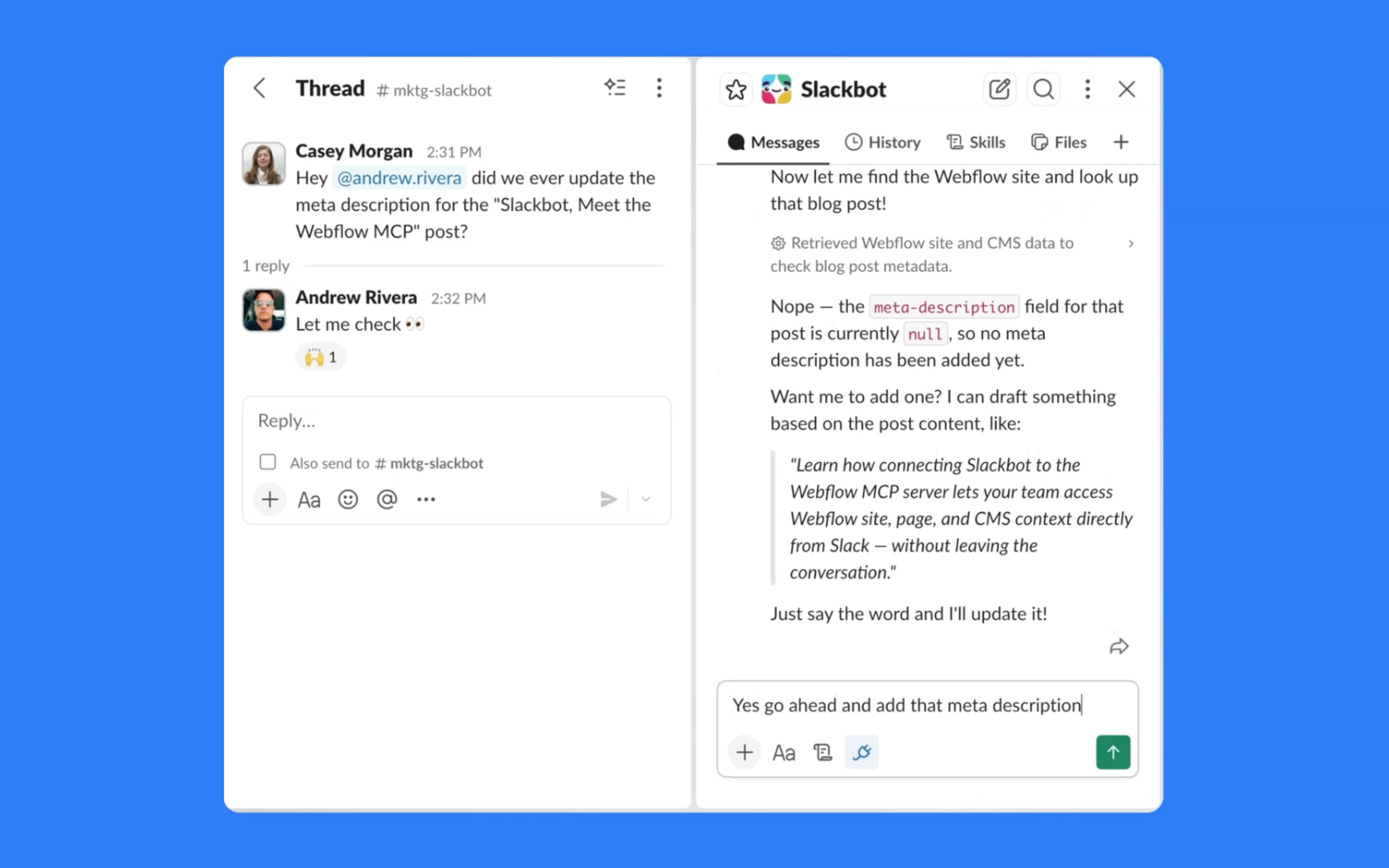 Slackbot drafting a missing meta description and applying it after user confirmation