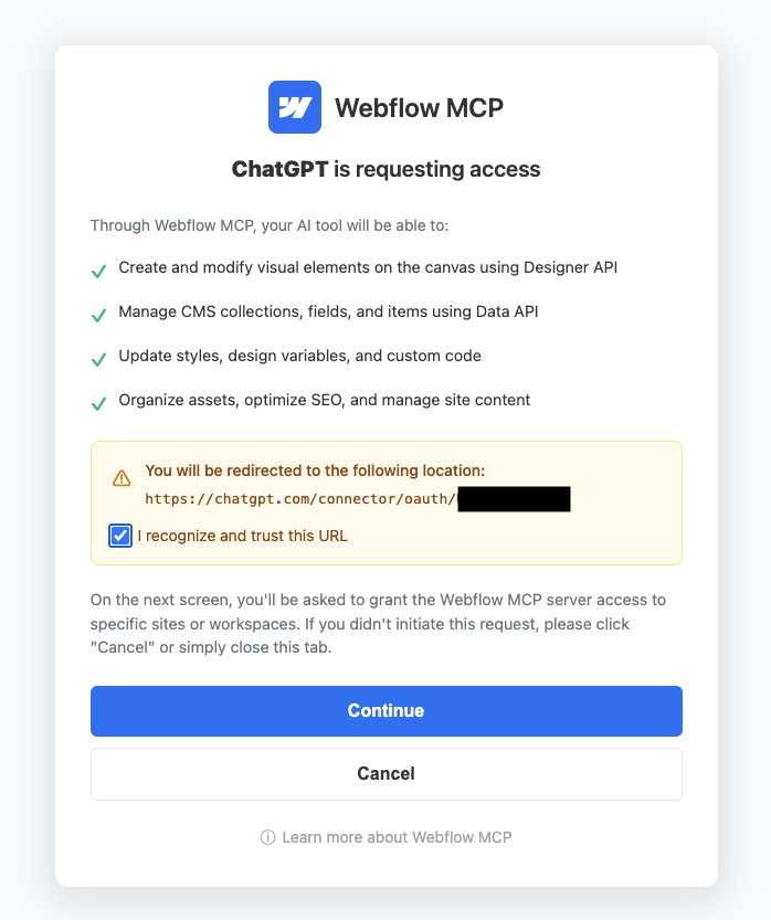 The Webflow MCP authorization dialog requesting ChatGPT access