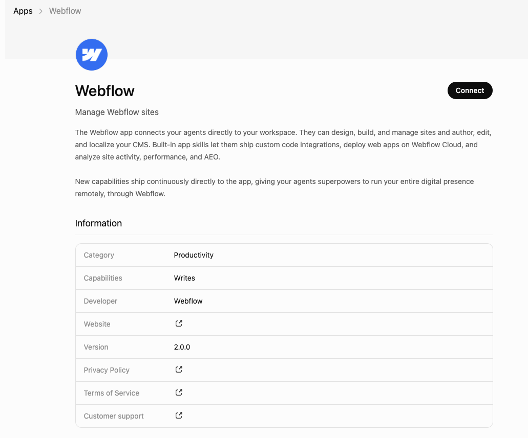 The Webflow app listing page in ChatGPT