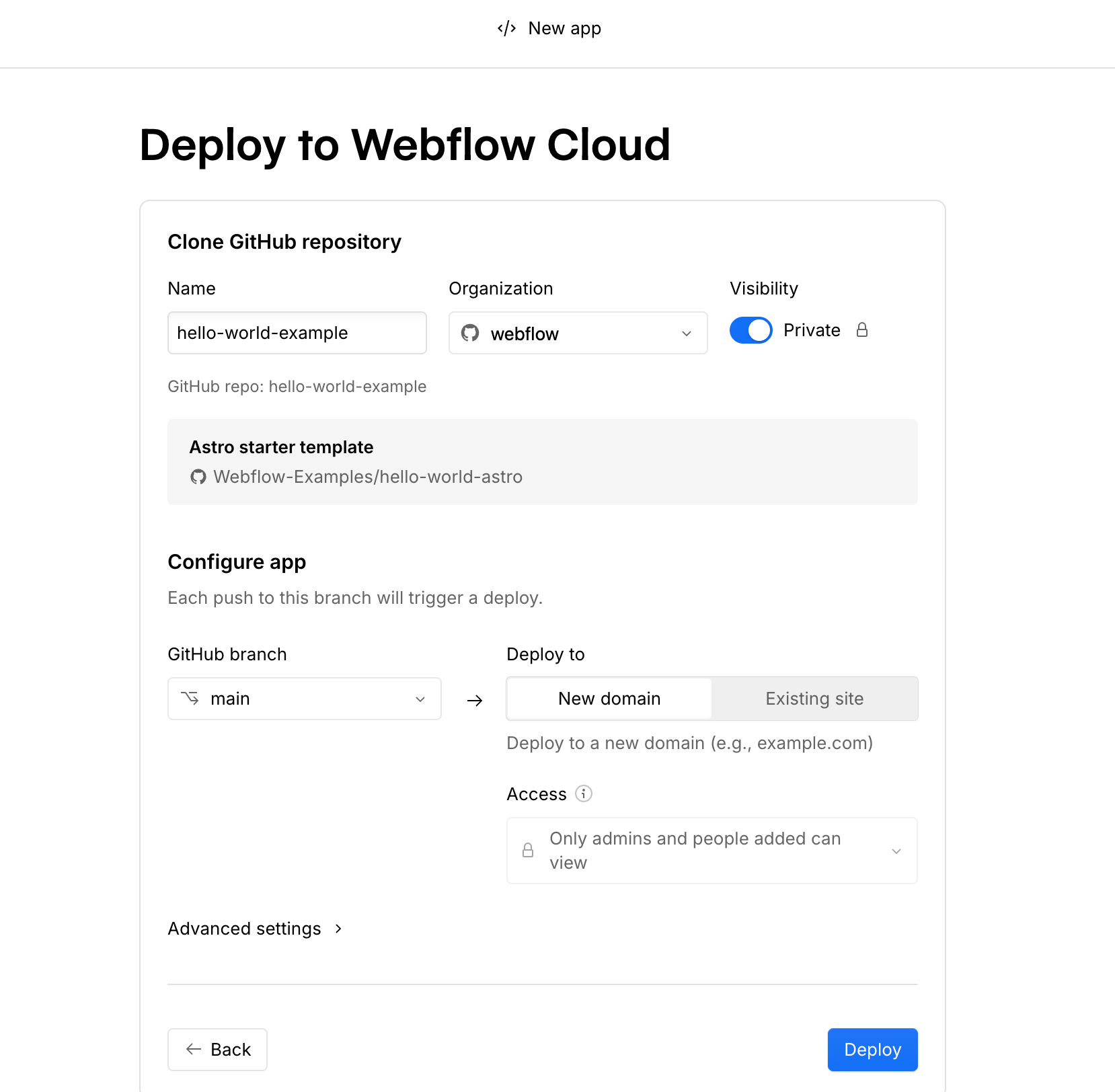 The Webflow Cloud deploy wizard showing repository and app configuration