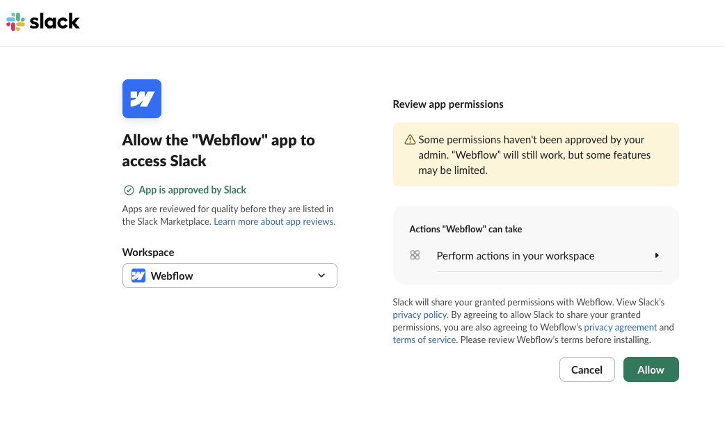 Slack's dialog to allow the Webflow app to access a Workspace