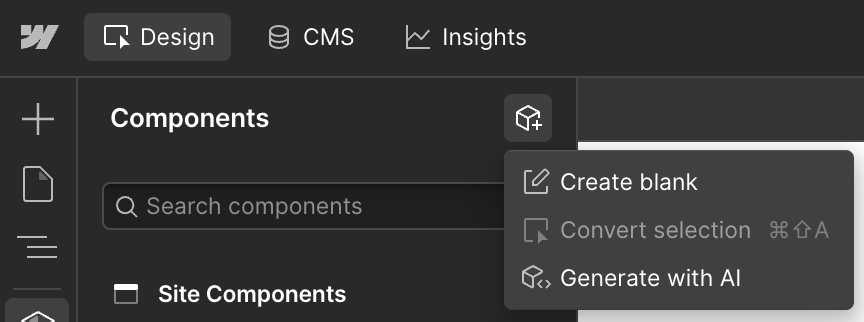 Using the menu option to generate a component with AI