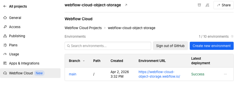 The environments for the application, showing the deployed application