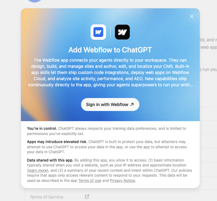 The Add Webflow to ChatGPT sign-in dialog