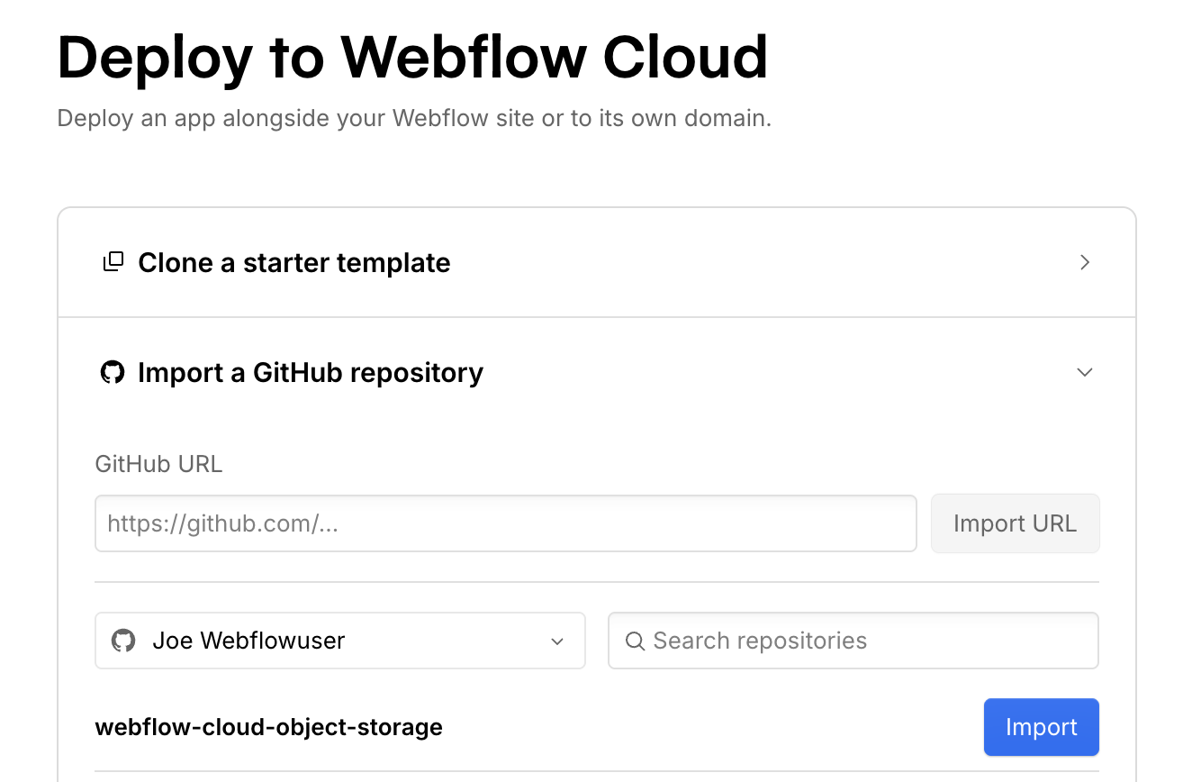 Selecting the repository to deploy to Webflow Cloud