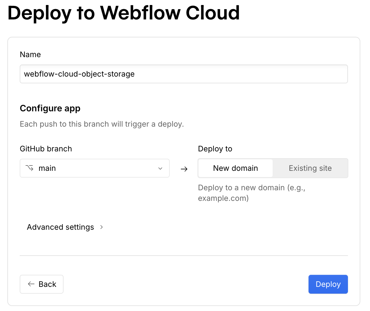 Selecting the repository to deploy to Webflow Cloud