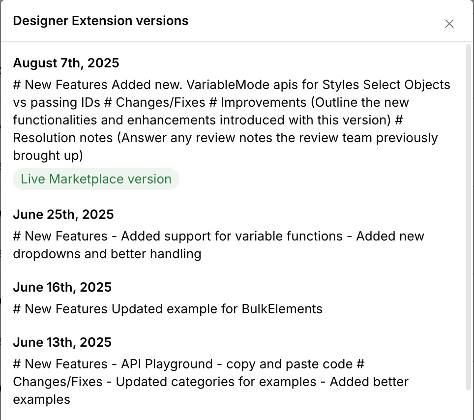 A list of Designer Extension versions with notes for each update.