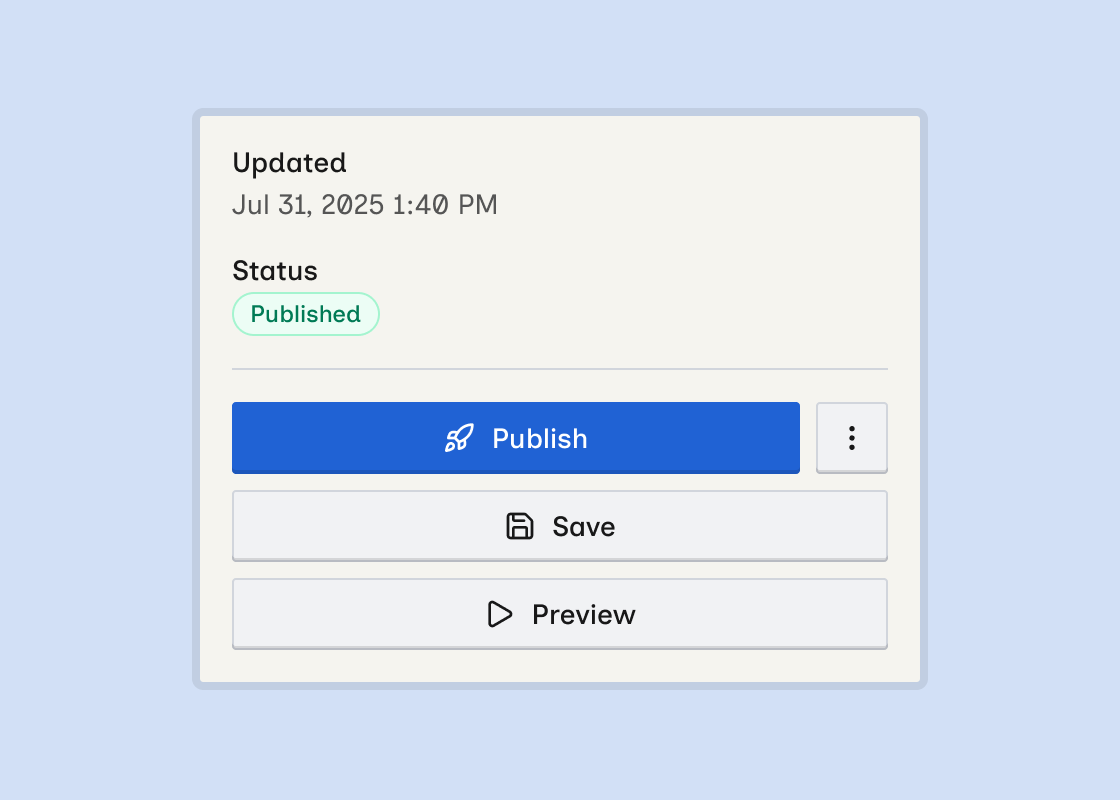 Item sheet sidebar showing Published status, Publish, Save, and Preview buttons