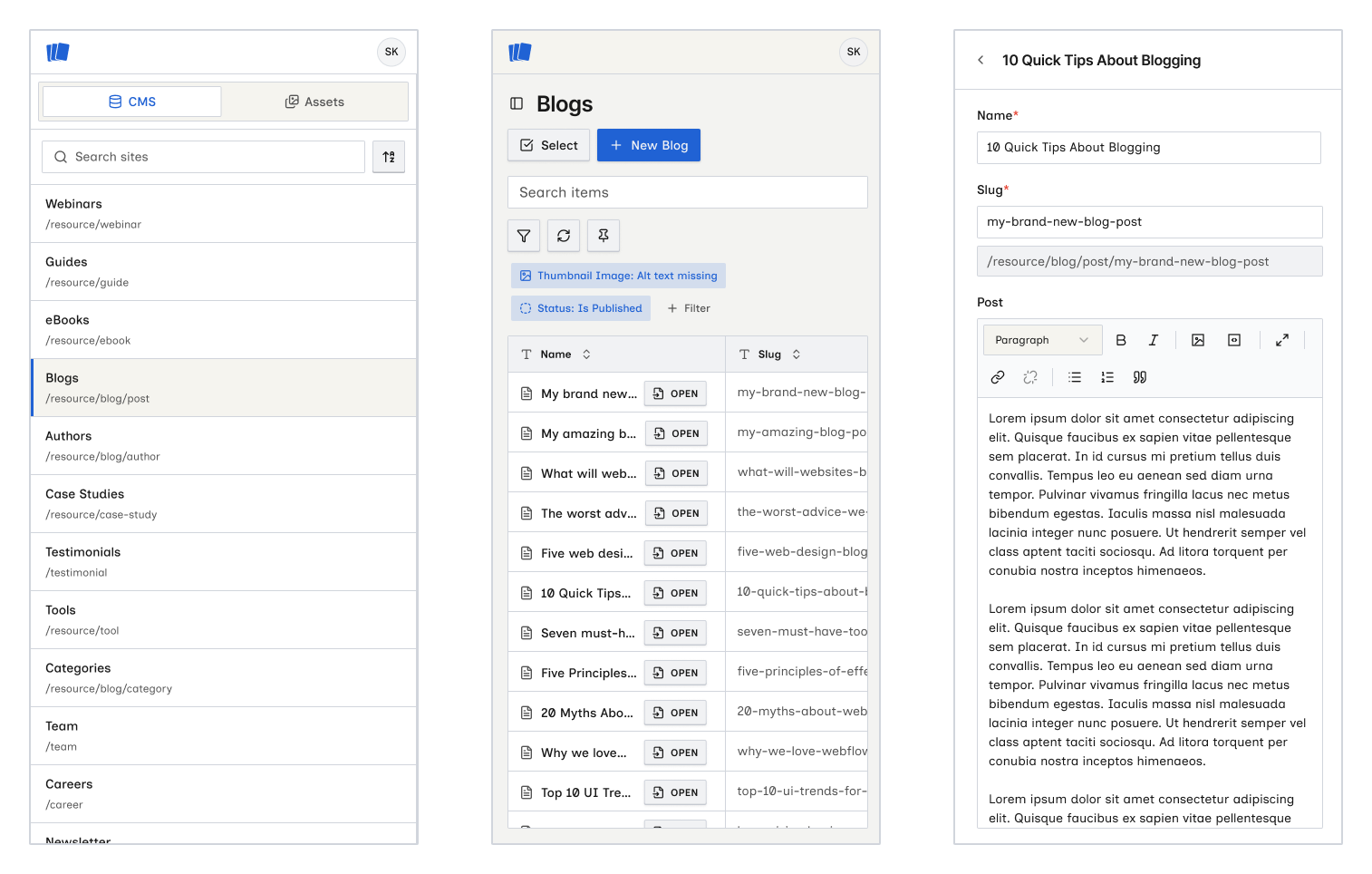Wicked CMS on a phone — collections menu, items list, and item editor