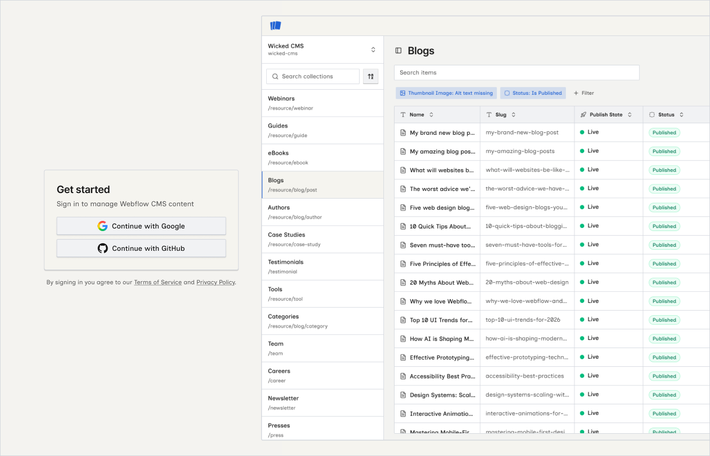 Wicked CMS login screen with Google and GitHub sign-in options