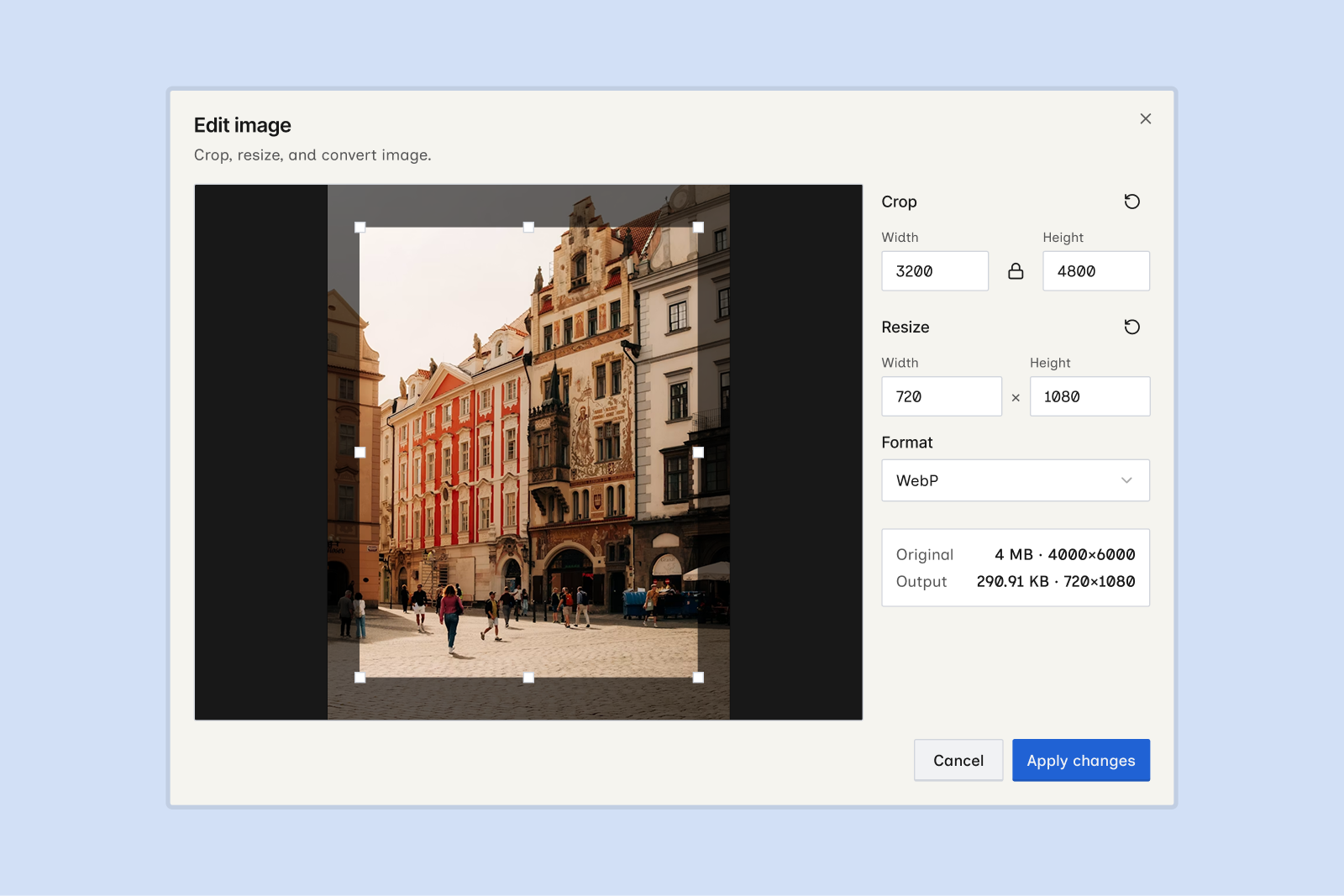 Edit image dialog with crop handles, resize fields, format dropdown, and original vs output size summary