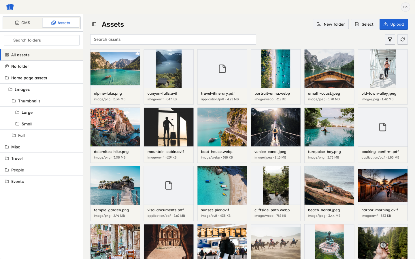 Assets workspace with folder sidebar, asset grid, and CMS / Assets switcher