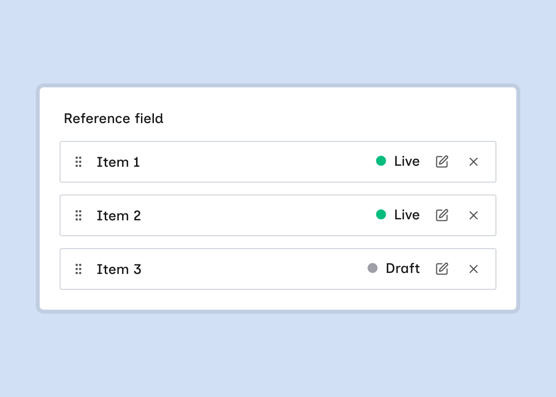 Multi-reference field rows showing linked item names, Live and Draft status, Edit (pencil), and Remove controls