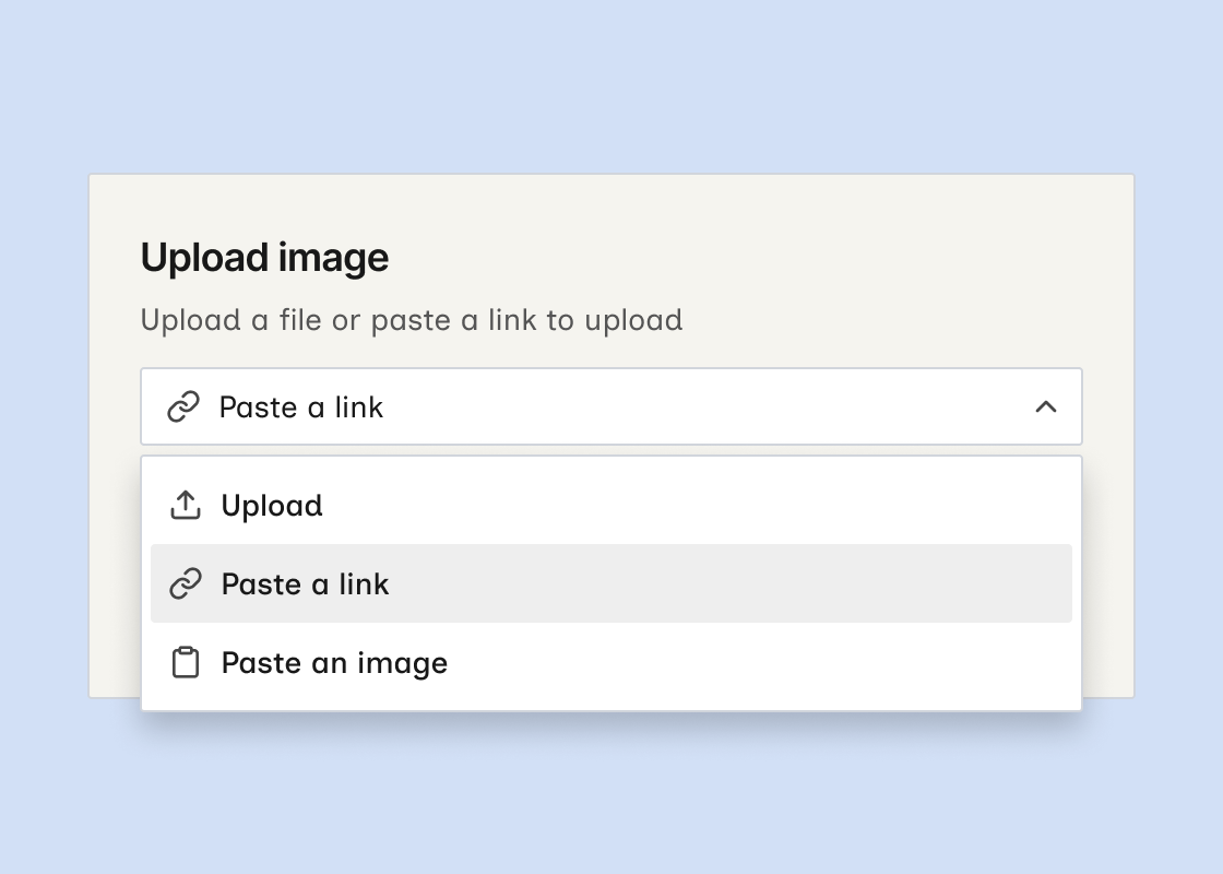 Upload image dialog with Paste a link selected