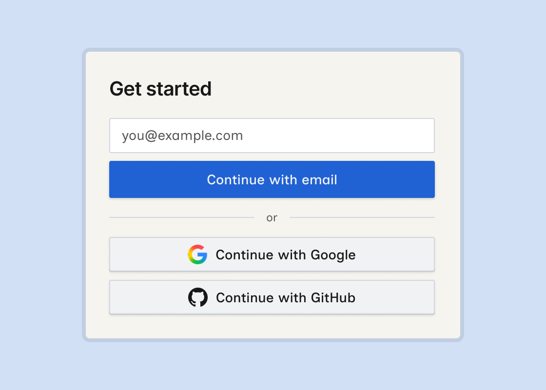 Wicked CMS sign-in card with email field, Continue with email, and Google and GitHub options