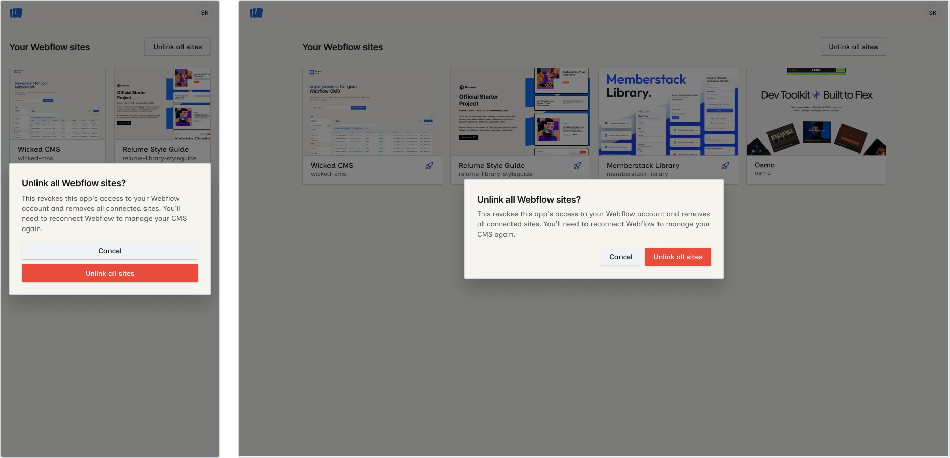 Unlink all sites dialog