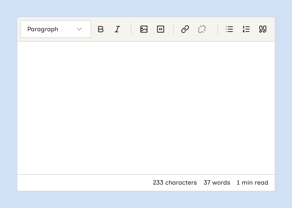 Rich text editor toolbar with content stats at the bottom